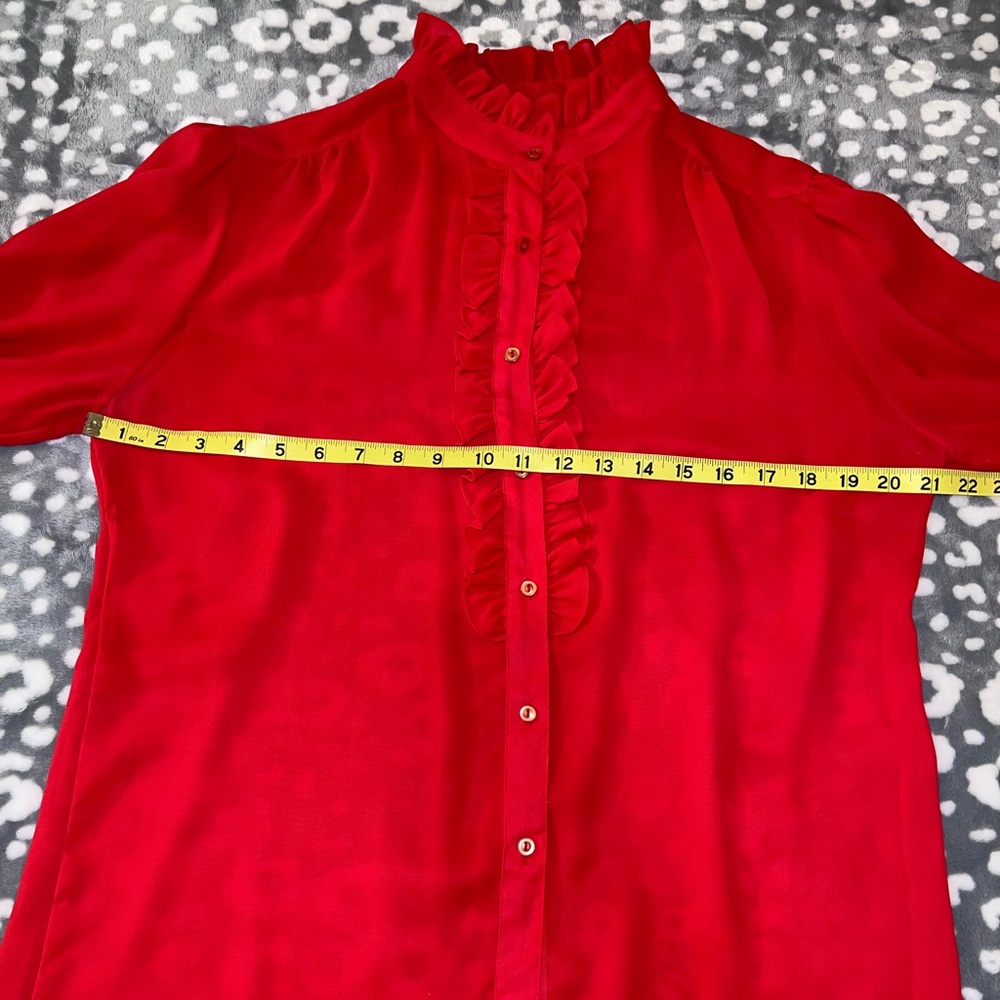 Alicia Vintage Red Ruffle High Neck Blouse Secretary Victorian Romantic Size 14 - Picture 10 of 11